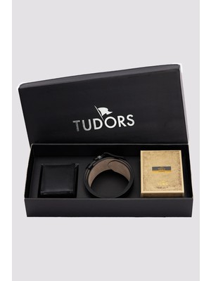 Tudors Özel Kutulu Erkek 3'lü Set Hediyelik - Çeyizlik Parfüm, Vegan Kemer ve Cüzdan Seti