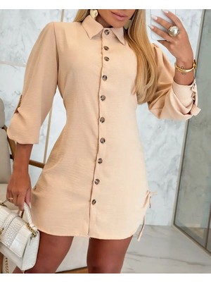 Sun&north Kadın Uzun Kollu Gömlek Yaka Önden Düğmeli Yanlardan Büzgülü Kısa Aerobin Elbise