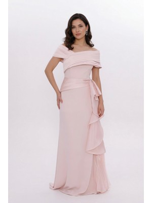 Bdm Exclusive Drapeli Kuşak Detaylı Uzun Krep Abiye Elbise