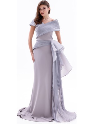 Bdm Exclusive Drapeli Kuşak Detaylı Uzun Krep Abiye Elbise