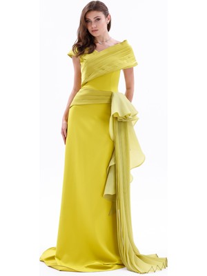 Bdm Exclusive Drapeli Kuşak Detaylı Uzun Krep Abiye Elbise