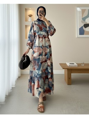 Modamorfo Yarım Düğmeli Kolu Lastikli Batik Desenli Elbise -Kiremit