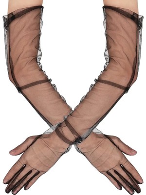 Uzun Boy Likralı Siyah Renk Yetişkin Mega Tül Eldiven 53 cm