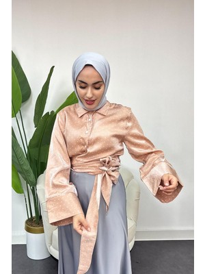 Tesettür Diyarı Kadın Saten Kumaş Puantiyeli Bağlamalı Gömlek-Pembe