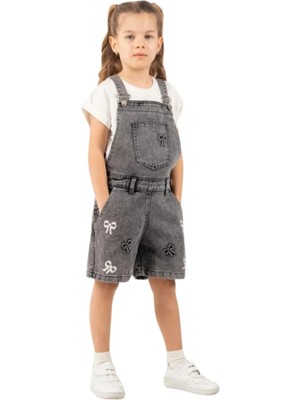 Bilge Trend Fiyonk Nakışlı Kız Çocuk Kot Denim Şort Salopet - T-Shırt Takım