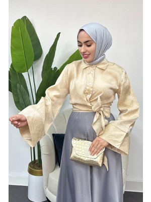 Tesettür Diyarı Kadın Saten Kumaş Puantiyeli Bağlamalı Gömlek-Bej