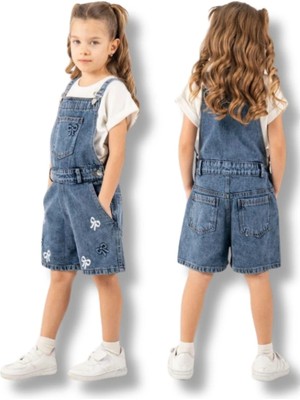 Bilge Trend Fiyonk Nakışlı Kız Çocuk Kot Denim Şort Salopet - T-Shırt Takım