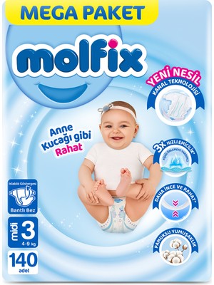 Molfix Bebek Bezi 3D 3 Beden Midi  4-9 Kg 140'lı Mega Paket