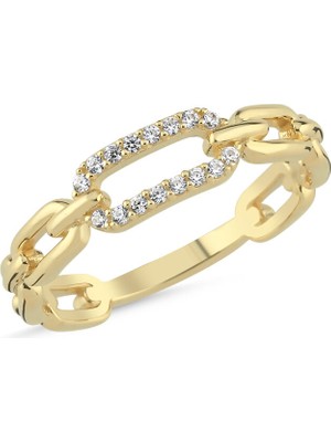 Sembol Gold 14 Ayar Altın Zincir Detaylı Taşlı Kadın Yüzük – Modern Tasarım
