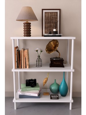 Barin Design 3 Raflı Çevir Tak Beyaz Metal Gövdeli Çok Amaçlı Salon Rafı ve Kitaplık Salon Organizeri