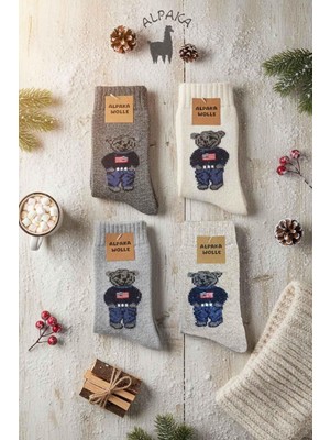 Kardeşler Çorap Kadın Alpaka Yün Kışlık Havlu Kalın Soket Ayıçık Desenli Çorap 4'lü Paket