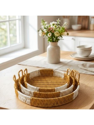 Go İthalat Iç Içe Geçebilen 3 Lü Yuvarlak Plastik Rattan Tepsi Seti-Çift Renkli Hasır Görünümlü Çok Amaçlı Servis ve Sunum Tepsileri (5131)