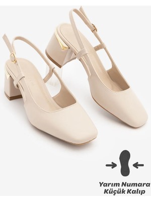 Marjin Kadın Kalın Topuk Arkası Açık Atkılı Klasik Topuklu Ayakkabı Likay Ekru