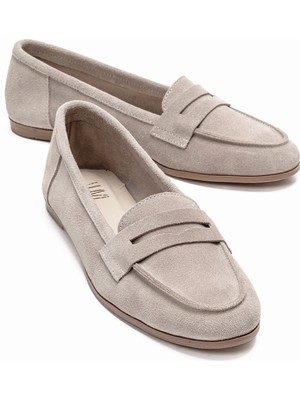 Luvi F02 Bej Süet Hakiki Deri Kadın Loafer Ayakkabı