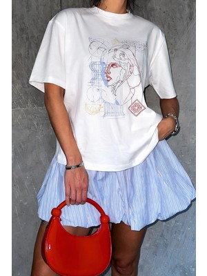 Monila Kadın Premium Kumaş Ekru Baskılı Oversize T-Shirt