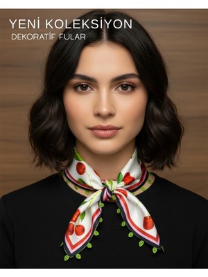 Tarzını Seç Kiraz Desenli Model Dekoratif Kenar Tasarımlı Fular 48X48 cm