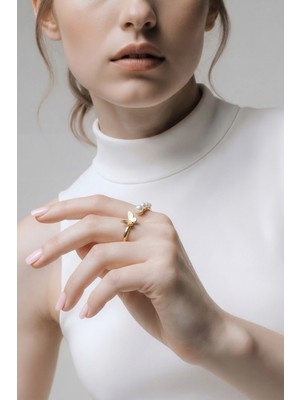 Lykos Incili Kelebek Model Gold Renk Pirinç Kadın Yüzük