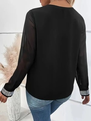 Bizcomoda Kadın Uzun Kollu V Pulpayet Yakalı Ithal Krep Bluz