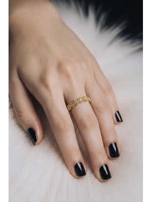 Lykos Sıralı Çiçek Model Gold Renk Zirkon Taşlı Kadın Yüzük