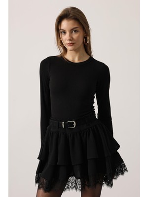 Reyon 37199 Kemer Detaylı Dantelli Kat Kat Kadın Mini Etek