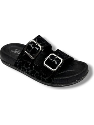 Perla 4504-26 Leopar Desenli Şerit Taşlı Anatomik Çidt Tokalı Kadın Terlik