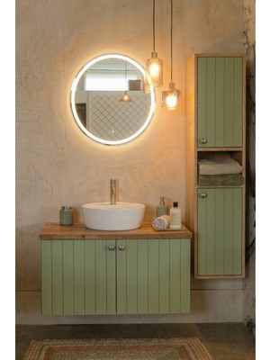 Adn Dizayn 90CM-LED Aynalı Banyo Dolabı Seti - Boy Dolaplı-Lavabolu-Doğal Ahşap & 4 Kat Cilalı Lake (Montajlı)