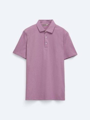 Kip Eflatun Düz Polo Yaka %100 Pamuk T-Shirt