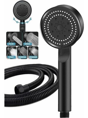 Moonshop Siyah Başlık 5 Fonksiyon Duş Başlığı Duş Askısı ve Duş Hortumu Duş Seti.