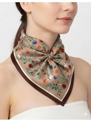Tarzını Seç Kahverengi Gül Fular / Bandana / Aksesuar 48X48 cm