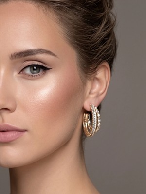 Eva Takı Store Ikili Yarım Halka Model Zirkon Taşlı Antialerjik Vip Halka Gold Renk Küpe Antialerjik