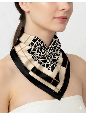 Tarzını Seç Siyah Mozaik Zincir Fular / Bandana / Aksesuar 48X48 cm
