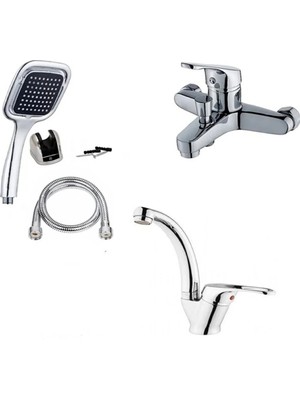 Moonshop 3'lü Set Banyo Bataryası Lavabo Bataryası Kare Duş Seti 5 Yıl Garanti