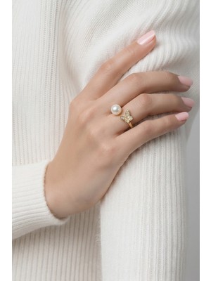 Lykos Kelebek Incili Model Gold Renk Zirkon Taşlı Kadın Yüzük