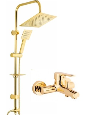 Moonshop Kare Gold Robot Duş Seti Altın Renk Kaliteli Kaplama Banyo Bataryası 2'li Set