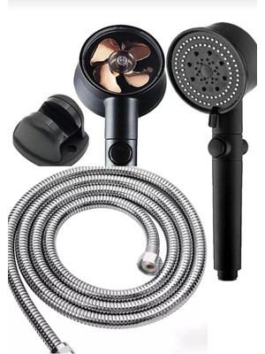 Moonshop Turbo Pervaneli 5 Fonksiyonlu Duş Başlığı Krom Duş Hortumu 150 cm ve Mafsal Set