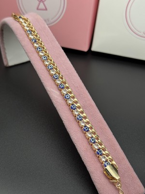 Alsem 14K Gold Kaplama Nazar Boncuklu Örme Su Yolu Bileklik , Çift Sıra Nazar Bileklik