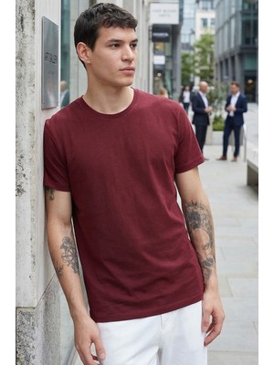 Tudors Unisex Slim Fit Dar Kesim %100 Pamuk Yumuşak Dokulu Bordo Bisiklet Yaka Tişört