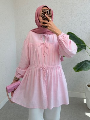 Modamorfo Önü Bağlamalı Kolları Lastikli Gömlek -Pembe