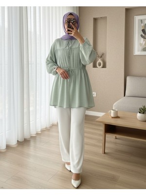 Modamorfo Önü Bağlamalı Kolları Lastikli Gömlek -Mint