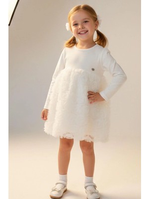 Breeze Kız Çocuk Uzun Kollu Elbise Etek Kısmı Organze Kabartmalı Çiçek Tül Detaylı 3-7 Yaş, Ekru