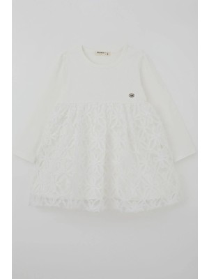 Breeze Kız Çocuk Uzun Kollu Elbise Etek Kısmı Organze Kabartmalı Çiçek Tül Detaylı 3-8 Yaş, Ekru