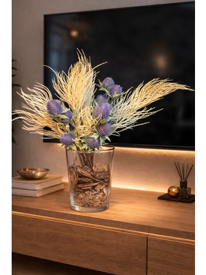 Decoroon El Yapımı Cam Vazoda Yapay Çiçek Aranjmanı – Doğal Ağaç Kabuklu Dekoratif Vazo, Salon & Masa Üstü Dekoru 40 cm