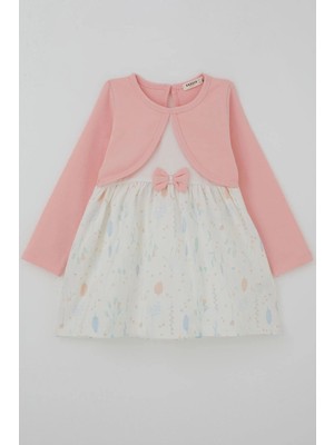 Breeze Kız Çocuk Uzun Kollu Elbise Bolerolu Eteği Çiçek Desenli Fiyonklu 3-8 Yaş, Pembe