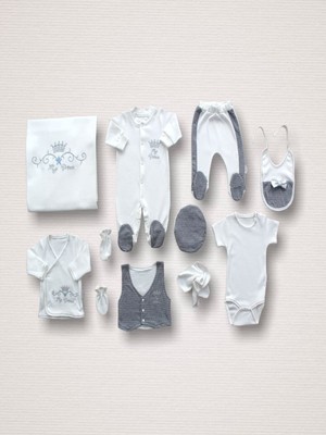 Sylar Süper Prens Nakışlı %100 Cotton Antibakteriyel 10LU Zıbın Takımı Hastane Çıkışı