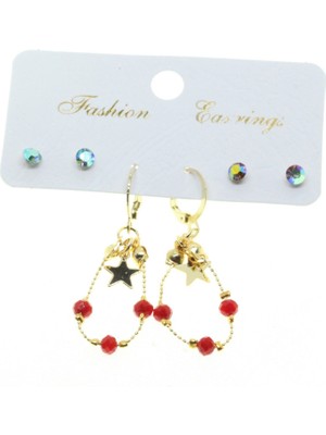 Nkie Jewels Altın Renk Yıldız Yuvarlak Kombin Kırmızı Boncuk Küpe - 2838