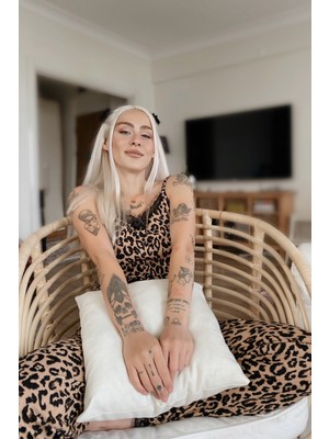 Kahve Leopar Desenli Dantelli İp Askılı Kadın Pijama Takımı Pijama Evi Örme Pamuk