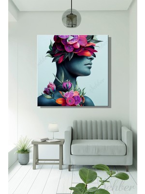Şehber Modern Duvar Tablosu Kare Kanvas Tekli Salon Mutfak Yatak Odası Ofis Çiçekli Kadın Portre