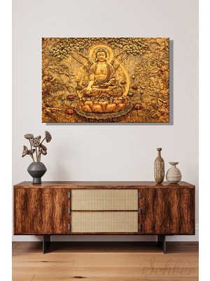 Şehber Yatay Kanvas Duvar Tablosu Tekli Salon Mutfak Yatak Odası Ofis Vintage Budist Lotus Oturuşu