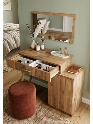 Bicabin London Novella Aynalı Çekmeceli Kapaklı Dolaplı Makyaj Masası/Dresuar -Atlantik Çam