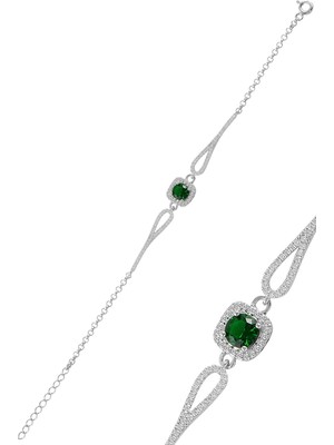 Söğütlü Silver Gümüş 925 Ayar Pırlanta Modeli Yeşil Zirkon Taşlı Kare Bileklik